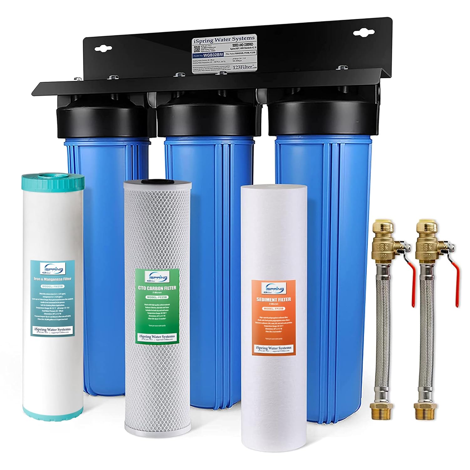 Multi-stage whole house water filter with sediment, carbon, and KDF