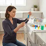 Person testing well water at home with color test kit near kitchen sink.