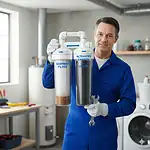 Whole house water filter system cutaway showing sediment and carbon stages.